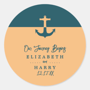 Nautical Anchor - Coral Blue - Beach Wedding Classic Round Sticker