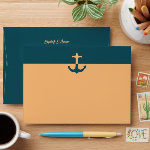 Nautical Anchor _ Coral Blue _ Beach Wedding Envelope