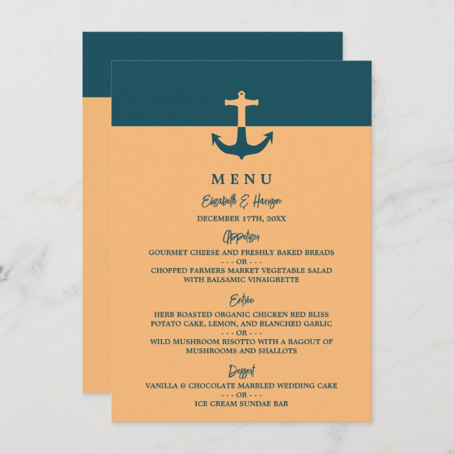 Nautical Anchor - Coral Blue - Beach Wedding Menu (Front/Back)