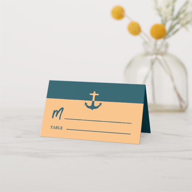 Nautical Anchor - Coral Blue - Beach Wedding Place Card (Front)