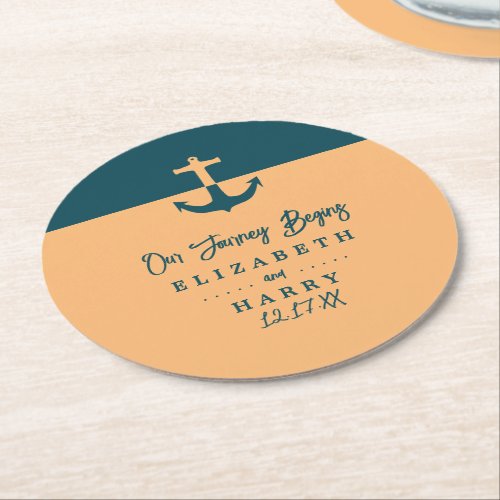 Nautical Anchor _ Coral Blue _ Beach Wedding Round Paper Coaster