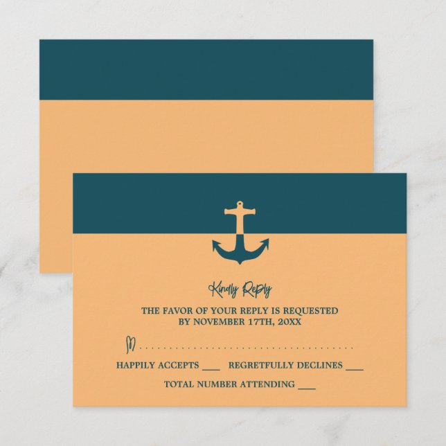 Nautical Anchor - Coral Blue - Beach Wedding RSVP Card (Front/Back)