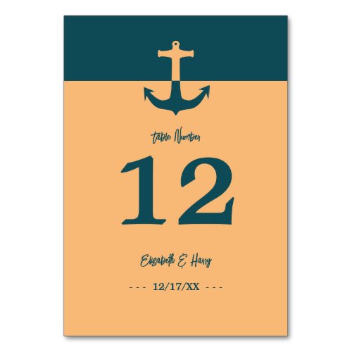 Nautical Anchor _ Coral Blue _ Beach Wedding Table Number