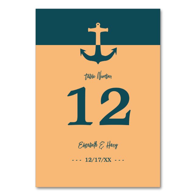 Nautical Anchor - Coral Blue - Beach Wedding Table Number (Front)
