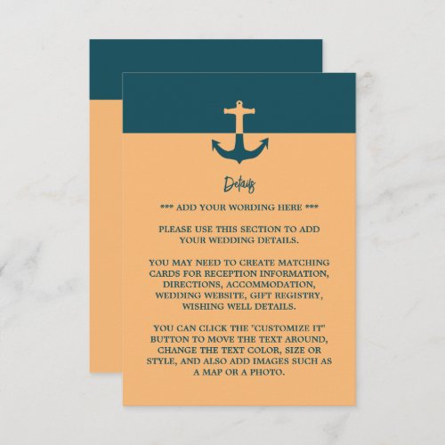 Nautical Anchor _ Coral Blue _ Wedding Detail Enclosure Card