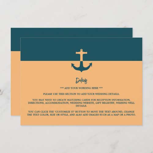 Nautical Anchor _ Coral Blue _ Wedding Detail Enclosure Card