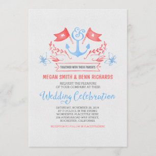 Nautical anchor coral blue wedding invitations
