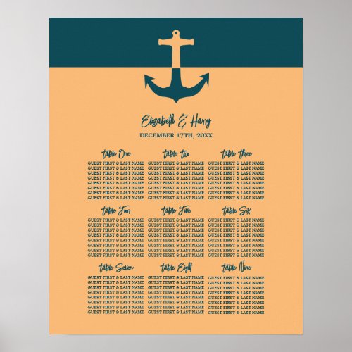 Nautical Anchor Coral Blue Wedding Seating Chart