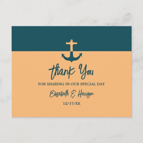 Nautical Anchor _ Coral Blue _ Wedding Thank You Postcard