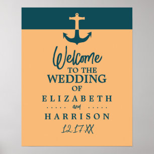 Nautical Anchor, Coral Blue, Wedding Welcome Poster