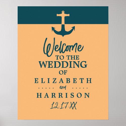 Nautical Anchor Coral Blue Wedding Welcome Poster