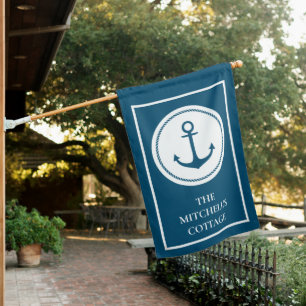 Nautical Anchor Cottage Navy Blue with Name House Flag