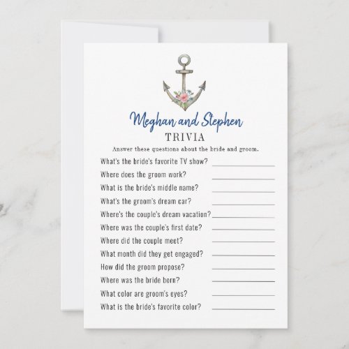 Nautical Anchor Couples Shower Trivia games Invitation