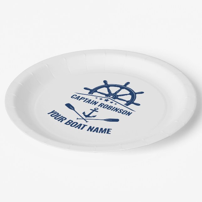 Nautical Anchor Crossed Oars & Ships Wheel White Paper Plates (Angled)