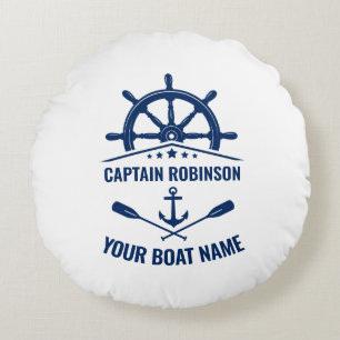 Nautical Anchor Crossed Oars & Ships Wheel White Round Pillow