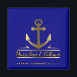 Nautical Anchor Cruise Ship Wedding Favor Navy Magnet<br><div class="desc">Custom, nautical anchor navy blue wedding favor magnet- Faux metallic gold anchor logo is centered with personalized names of just married couple in gold color script lettering with a drop shadow. At the bottom is the name of the cruise ship and date. On a solid navy blue background, which may...</div>