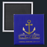 Nautical Anchor Cruise Ship Wedding Favor Navy Magnet<br><div class="desc">Custom, nautical anchor navy blue wedding favor magnet- Faux metallic gold anchor logo is centered with personalized names of just married couple in gold color script lettering with a drop shadow. At the bottom is the name of the cruise ship and date. On a solid navy blue background, which may...</div>