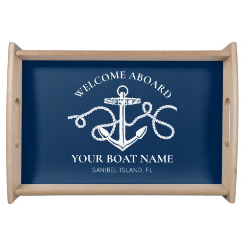 Nautical Anchor Custom Boat Name Navy Blue  Serving Tray