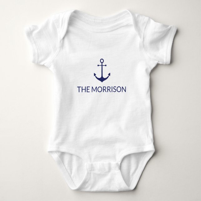 Nautical Anchor Custom Boat Name navy blue white Baby Bodysuit (Front)