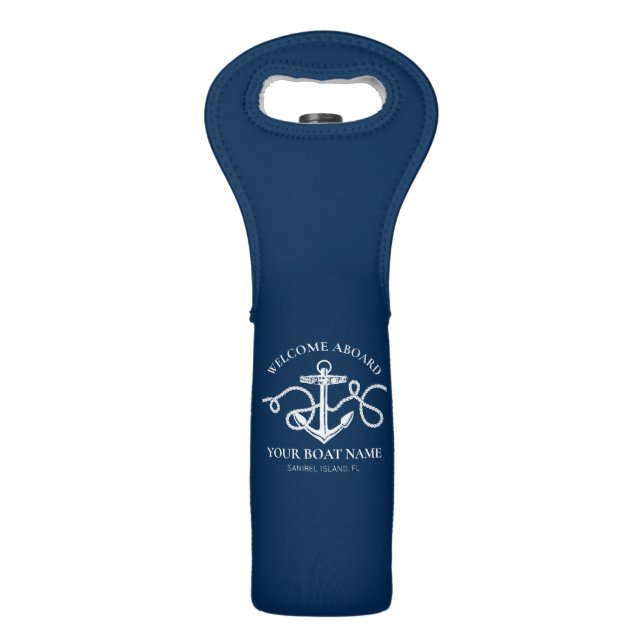 Nautical Anchor Custom Boat Name Navy Blue  Wine Bag (Front)