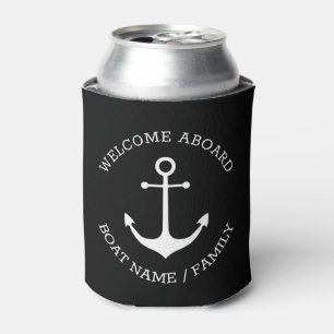 Nautical anchor Custom boat name Welcome Aboard Can Cooler