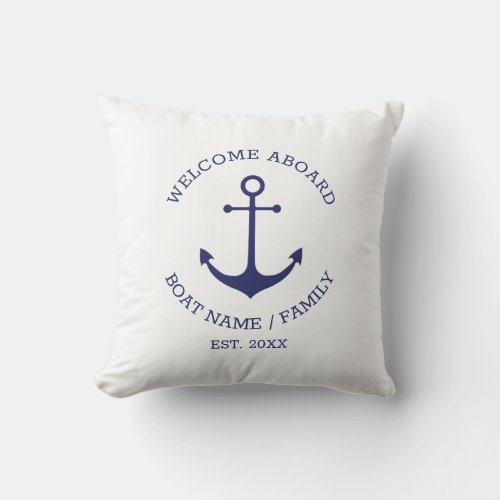 Nautical anchor Custom Boat name Welcome Aboard Throw Pillow