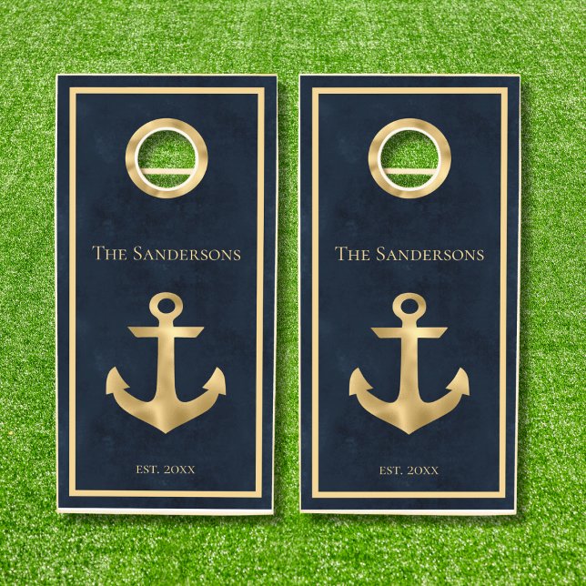 Nautical Anchor Custom Cornhole Set (navy blue and gold cornhole set featuring a nautical anchor customizable with family name)