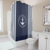 Nautical Anchor Custom Family Name Navy Blue White Shower Curtain