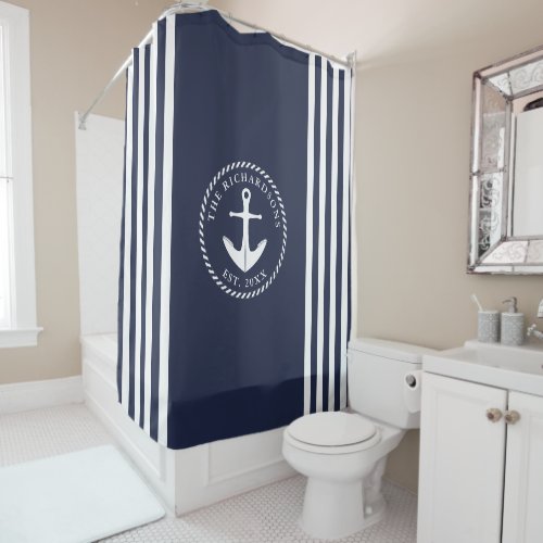 Nautical Anchor Custom Family Name Navy Blue White Shower Curtain
