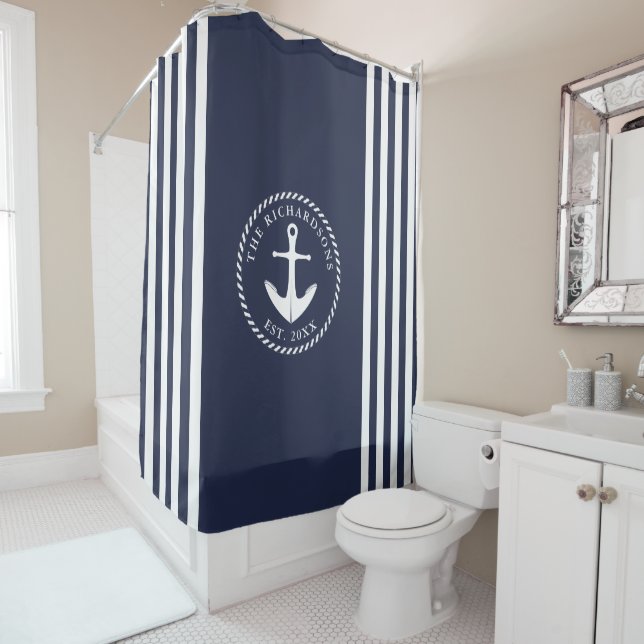 Nautical Anchor Custom Family Name Navy Blue White Shower Curtain (In Situ)