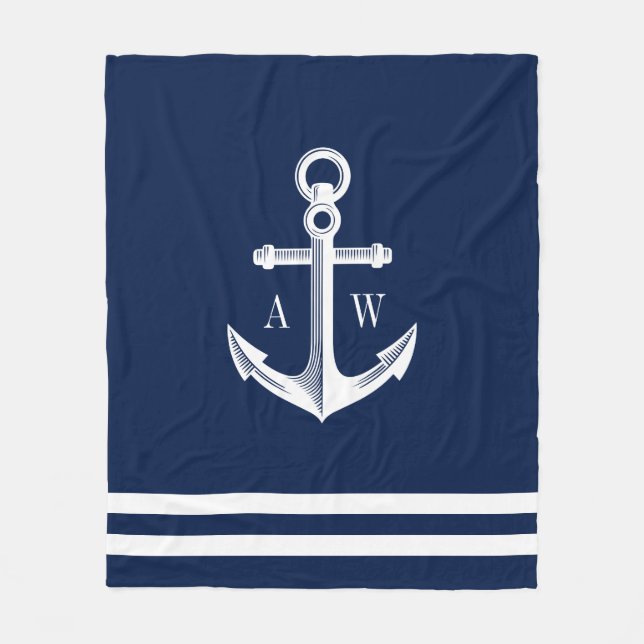 Nautical Anchor Custom Monograms Navy Fleece Blanket (Front)