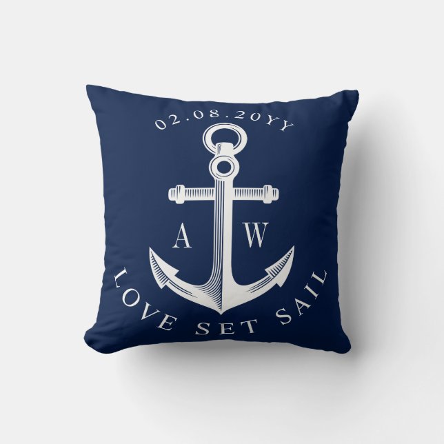 Nautical Anchor Custom Monograms Navy Throw Pillow (Front)