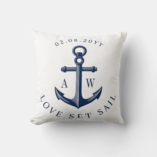 Nautical Anchor Custom Monograms White Throw Pillow (Front)