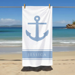 Nautical Anchor Custom Name Blue Beach Towel