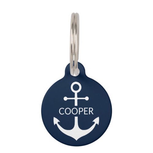 Nautical anchor custom name contact navy blue pet ID tag