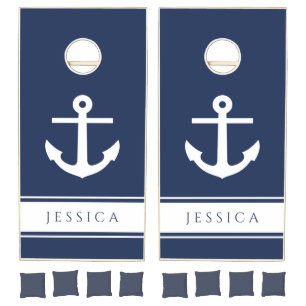 Nautical Anchor Custom Name Navy Blue Cornhole Set