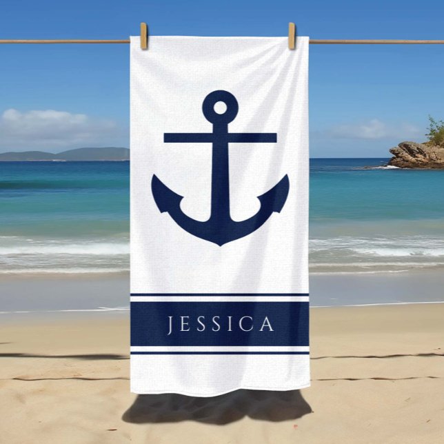 Nautical Anchor Custom Name Powder Blue  Beach Towel (Nautical Anchor Custom Name Powder Blue Beach Towel)