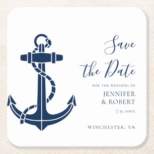 Nautical Anchor Custom Wedding Save the Date Square Paper Coaster