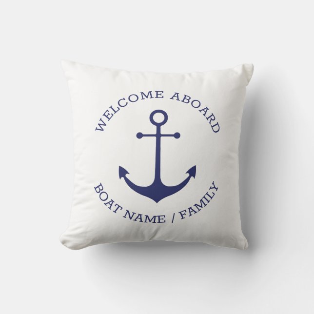 Nautical Anchor Custom Welcome Aboard navy blue Throw Pillow (Front)