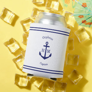 Nautical Anchor Custom (white & blue) Can Cooler