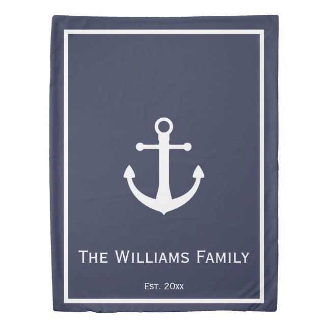 Nautical Anchor Dark Blue and White Family Name Duvet Cover (Front)