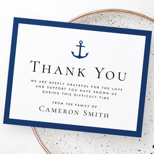 Nautical anchor dark blue border funeral sympathy thank you card