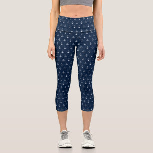 Nautical anchor dark navy blue white pattern cute capri leggings