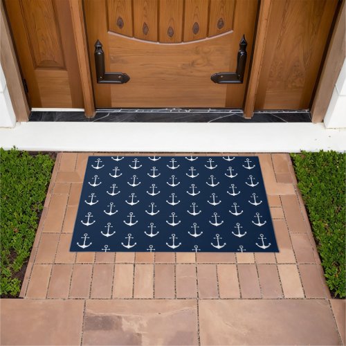 Nautical anchor dark navy blue white pattern cute doormat