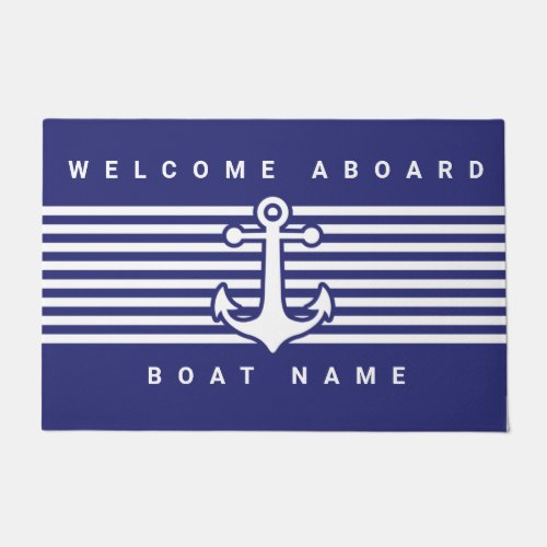 Nautical Anchor Design Navy Blue White Stripe Door Doormat