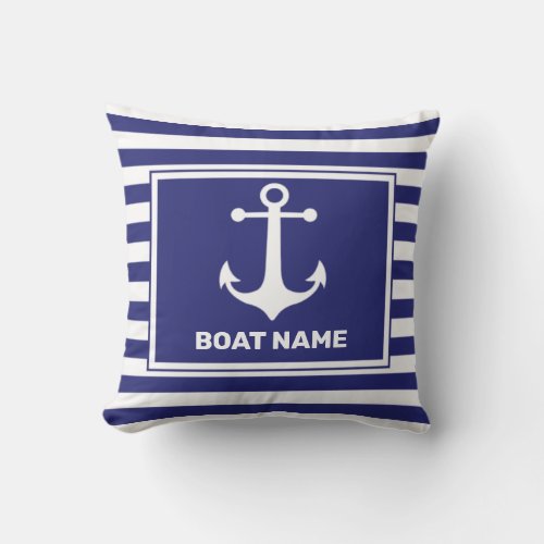 Nautical Anchor Design Navy Blue White Stripe Pill Throw Pillow