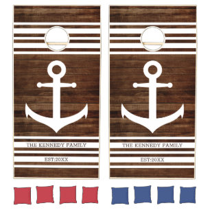 Nautical Anchor Design Rustic Brown Wood Family Cornhole Set