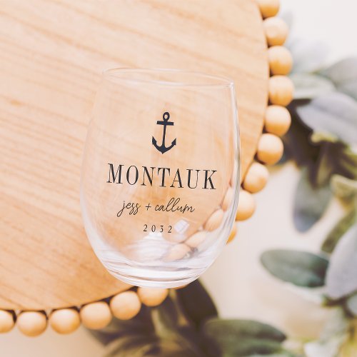 Nautical Anchor Destination Wedding Favor Stemless Wine Glass