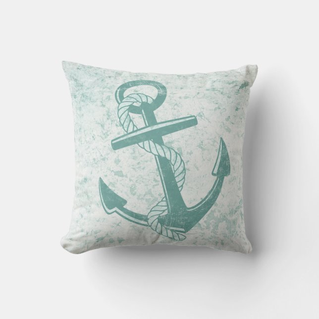 Nautical Anchor Distressed Aqua Beach Throw Pillow (Front)