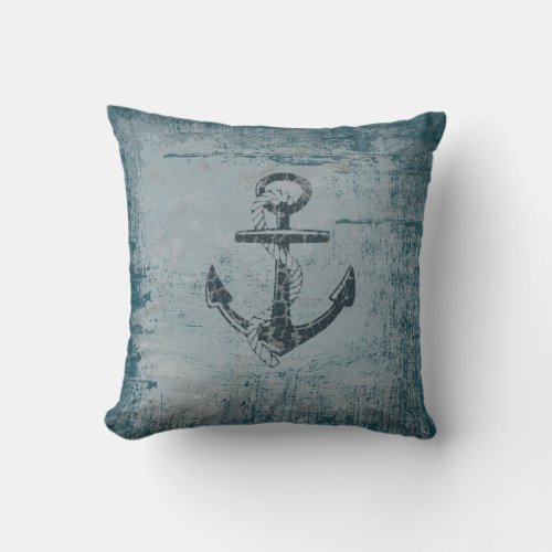 Nautical Anchor Distressed Blue Throw Pillow